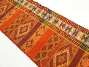 手織り紬横段に子持ち菱・幾何学模様織出し名古屋帯